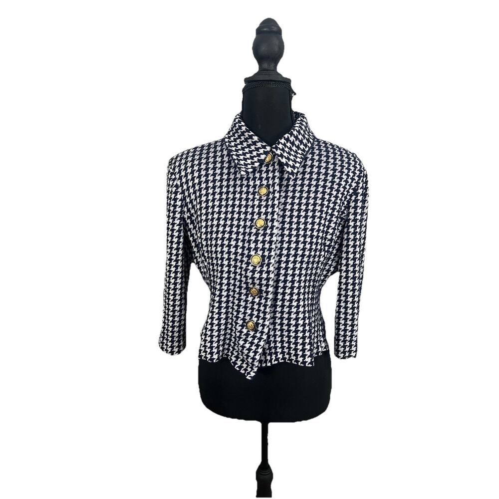 St John Collection Marie Gray Houndstooth Crop Knit Jacket Women's 8 Gold Button